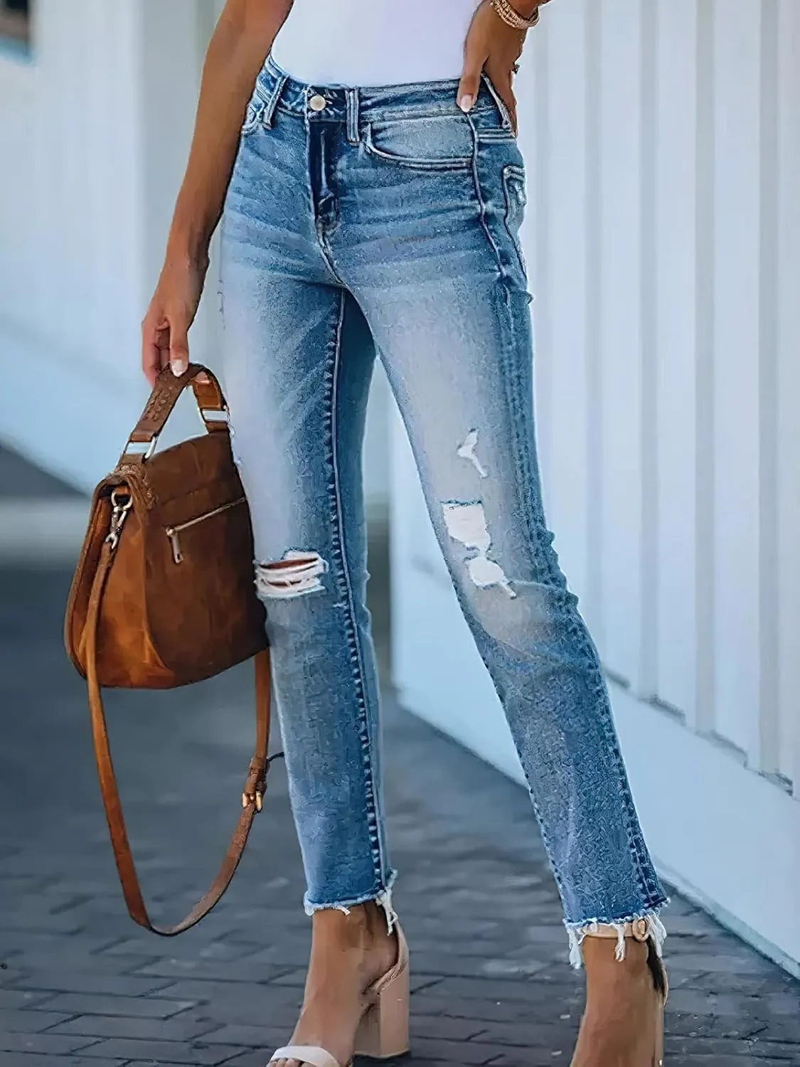 Women's Jeans Mid Waisted Stretch Distressed Tummy Straight Ankle Boyfriend Frayed Skinny Denim Pants