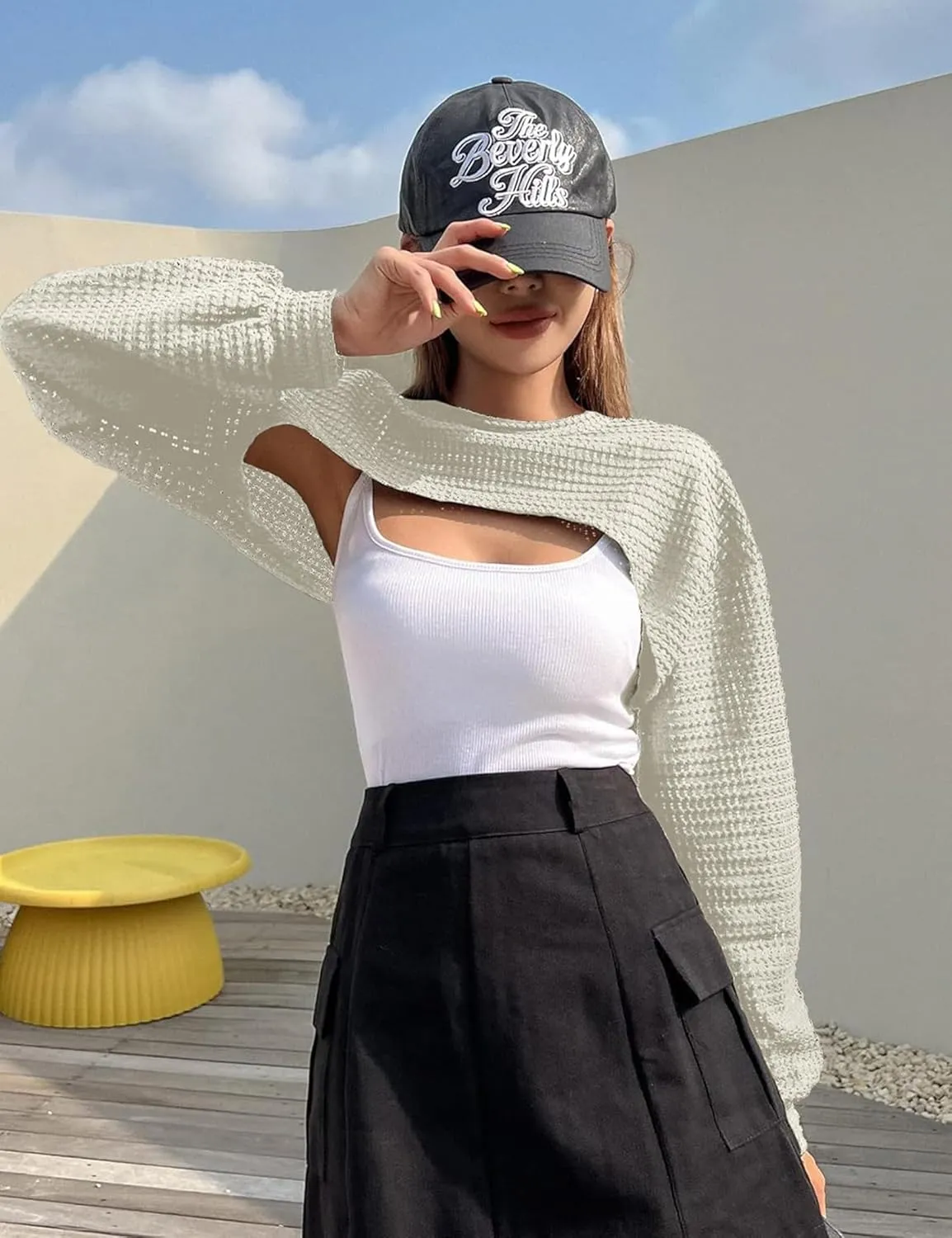 Women's Knitted Crop Top Long Sleeve Hollow Out Shrug Sweater Y2K Knit Cover Up Tops