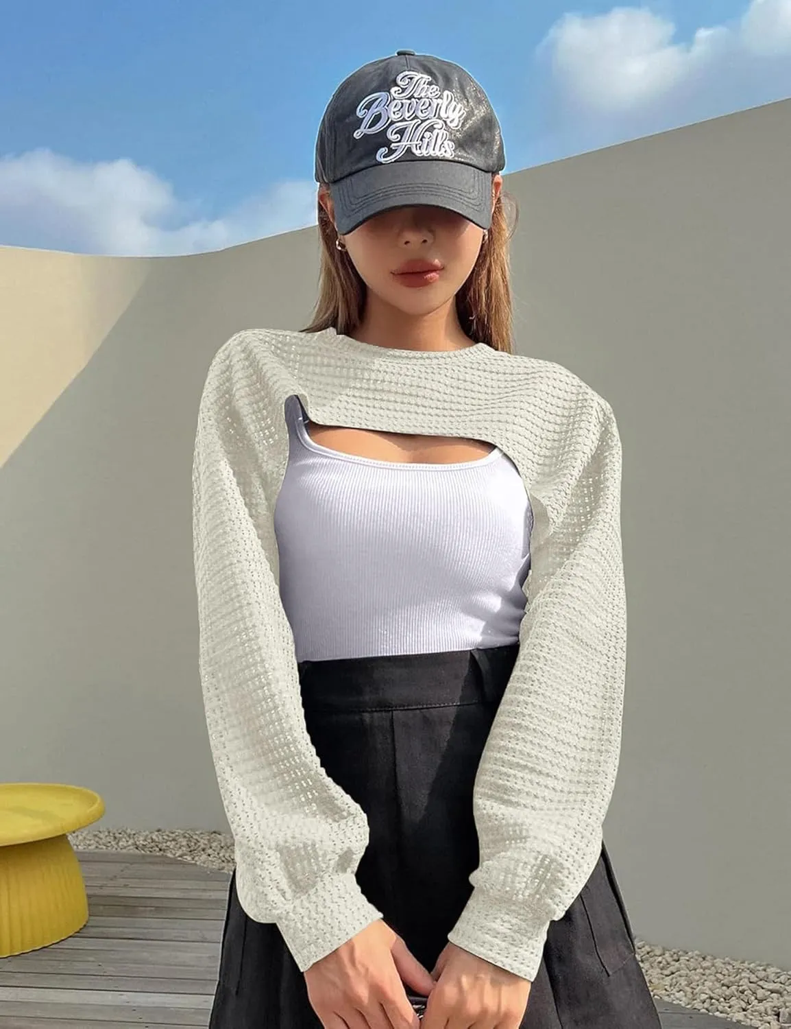 Women's Knitted Crop Top Long Sleeve Hollow Out Shrug Sweater Y2K Knit Cover Up Tops