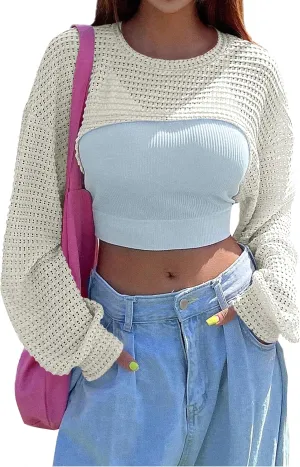 Women's Knitted Crop Top Long Sleeve Hollow Out Shrug Sweater Y2K Knit Cover Up Tops