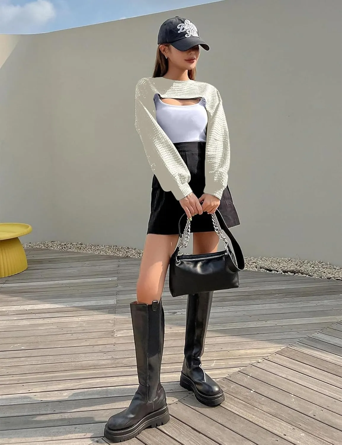 Women's Knitted Crop Top Long Sleeve Hollow Out Shrug Sweater Y2K Knit Cover Up Tops