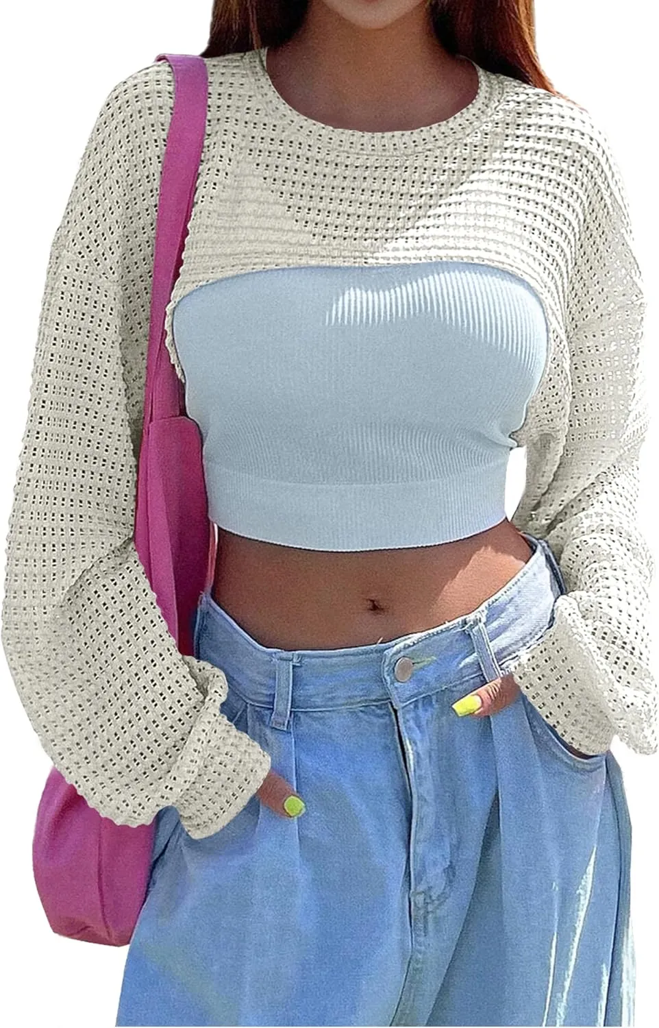 Women's Knitted Crop Top Long Sleeve Hollow Out Shrug Sweater Y2K Knit Cover Up Tops