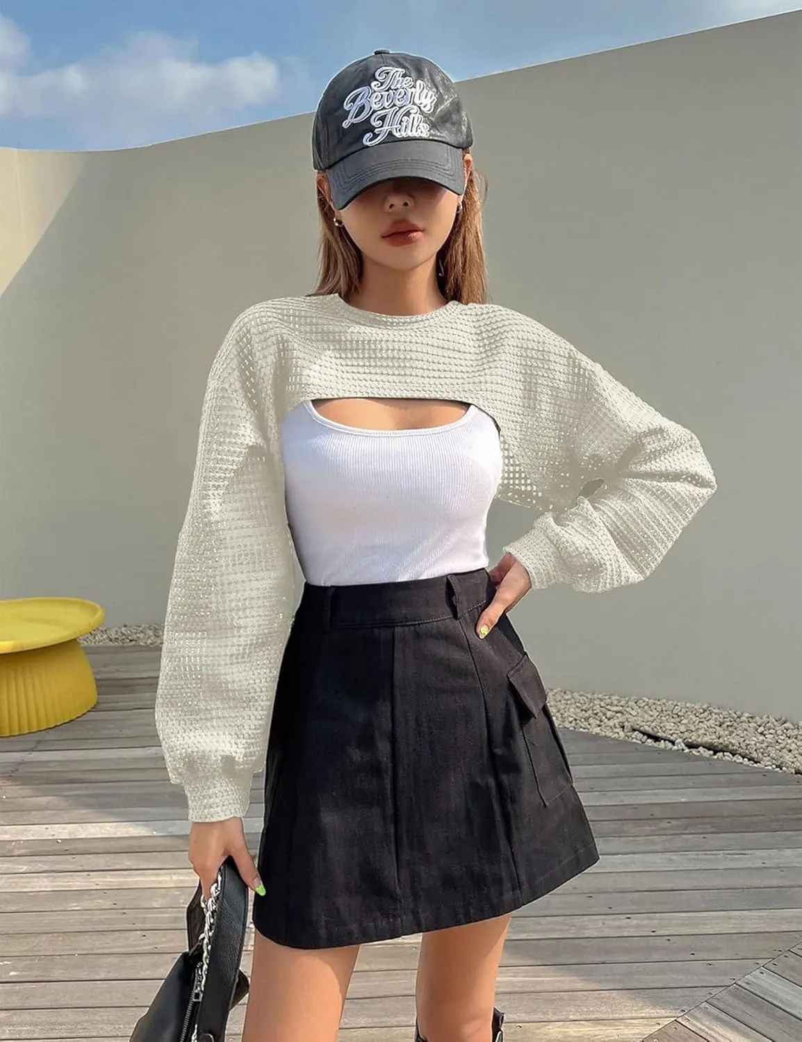 Women's Knitted Crop Top Long Sleeve Hollow Out Shrug Sweater Y2K Knit Cover Up Tops