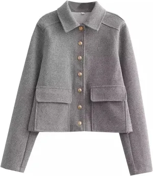 Women's Lapel Long Sleeve Black Jacket Wool Blend Casual Short Jacket Half Season Jacket Coat