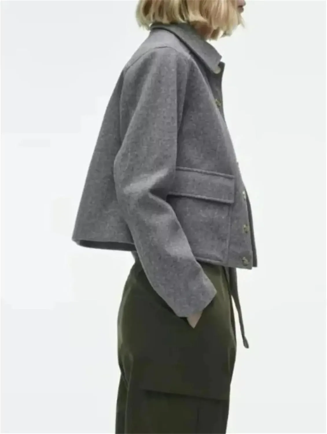 Women's Lapel Long Sleeve Black Jacket Wool Blend Casual Short Jacket Half Season Jacket Coat