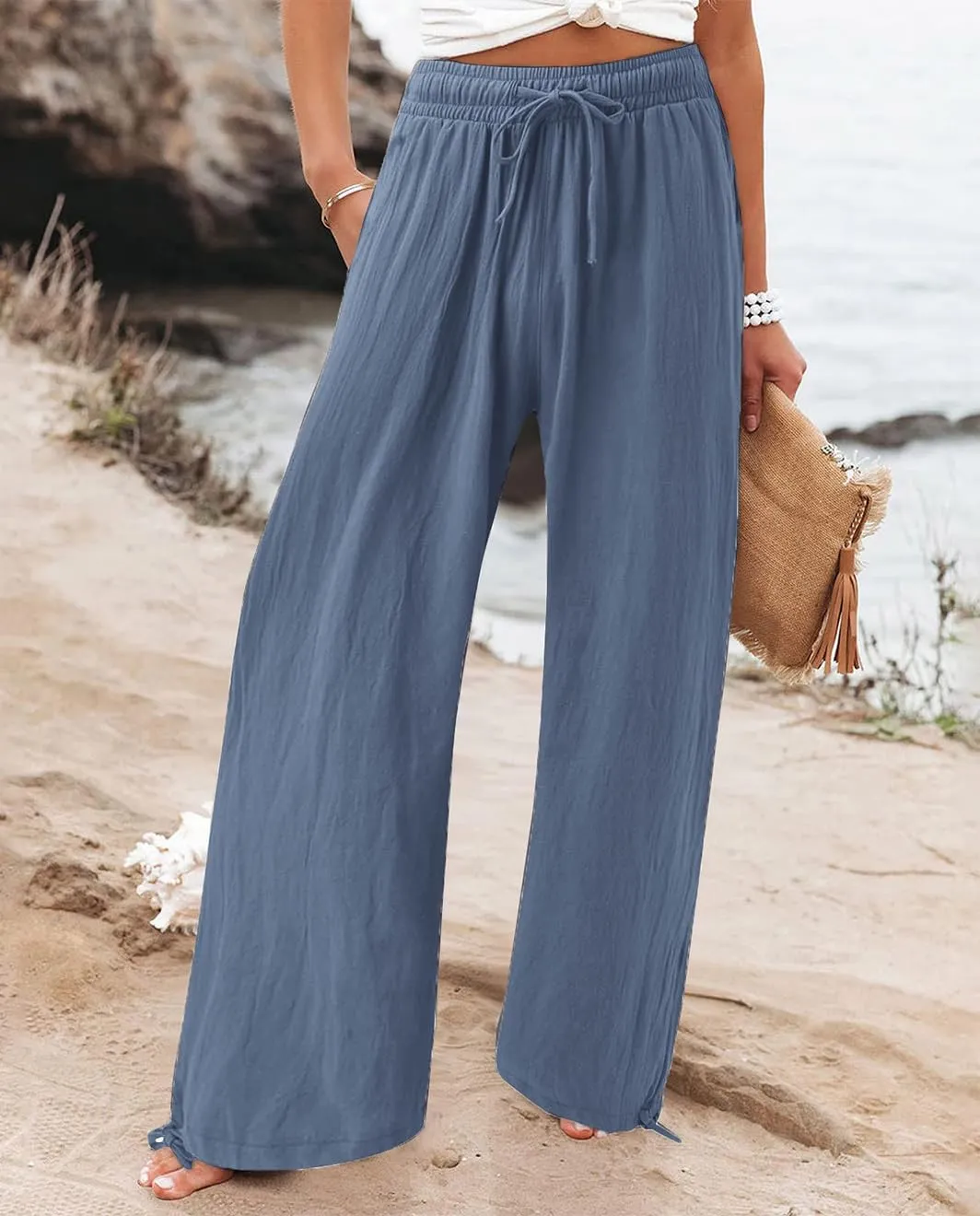 Womens Linen Palazzo Pants Drawstring High Waisted Wide Leg Pants Elastic Casual Loose Flowy Trousers with Pocket