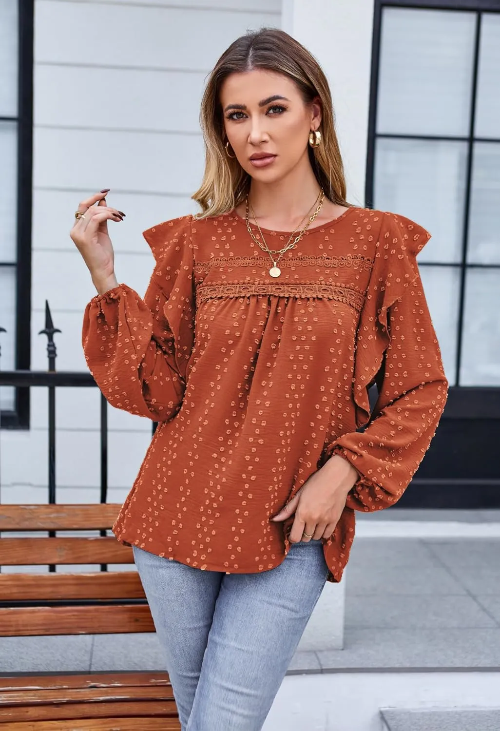 Women's Long Sleeve Blouse Loose Casual Crewneck Shirts Boho Floral Swiss Dot Ruffle Tops 2025 Spring Dressy Tunic