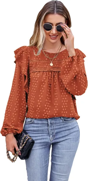 Women's Long Sleeve Blouse Loose Casual Crewneck Shirts Boho Floral Swiss Dot Ruffle Tops 2025 Spring Dressy Tunic