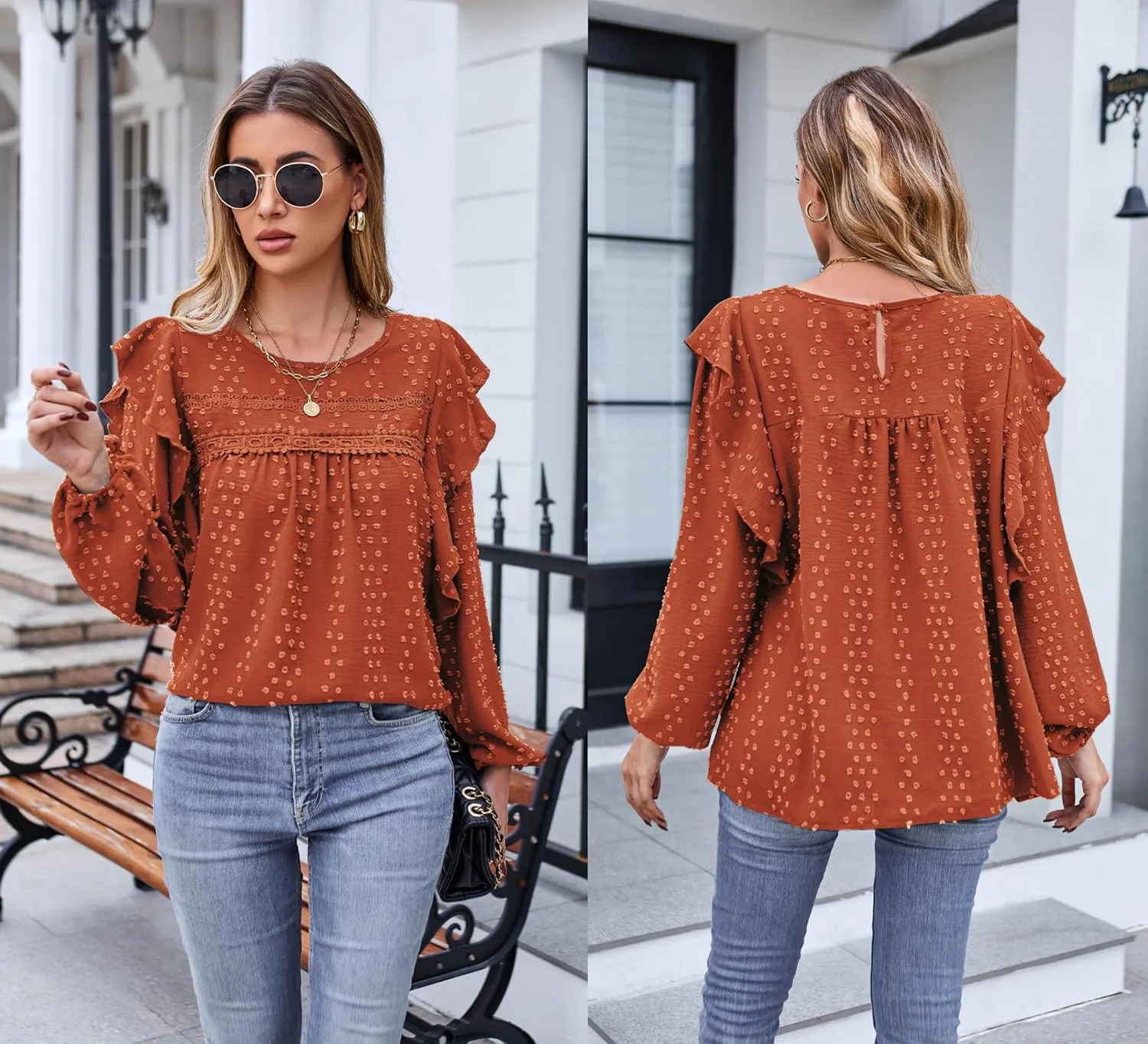 Women's Long Sleeve Blouse Loose Casual Crewneck Shirts Boho Floral Swiss Dot Ruffle Tops 2025 Spring Dressy Tunic