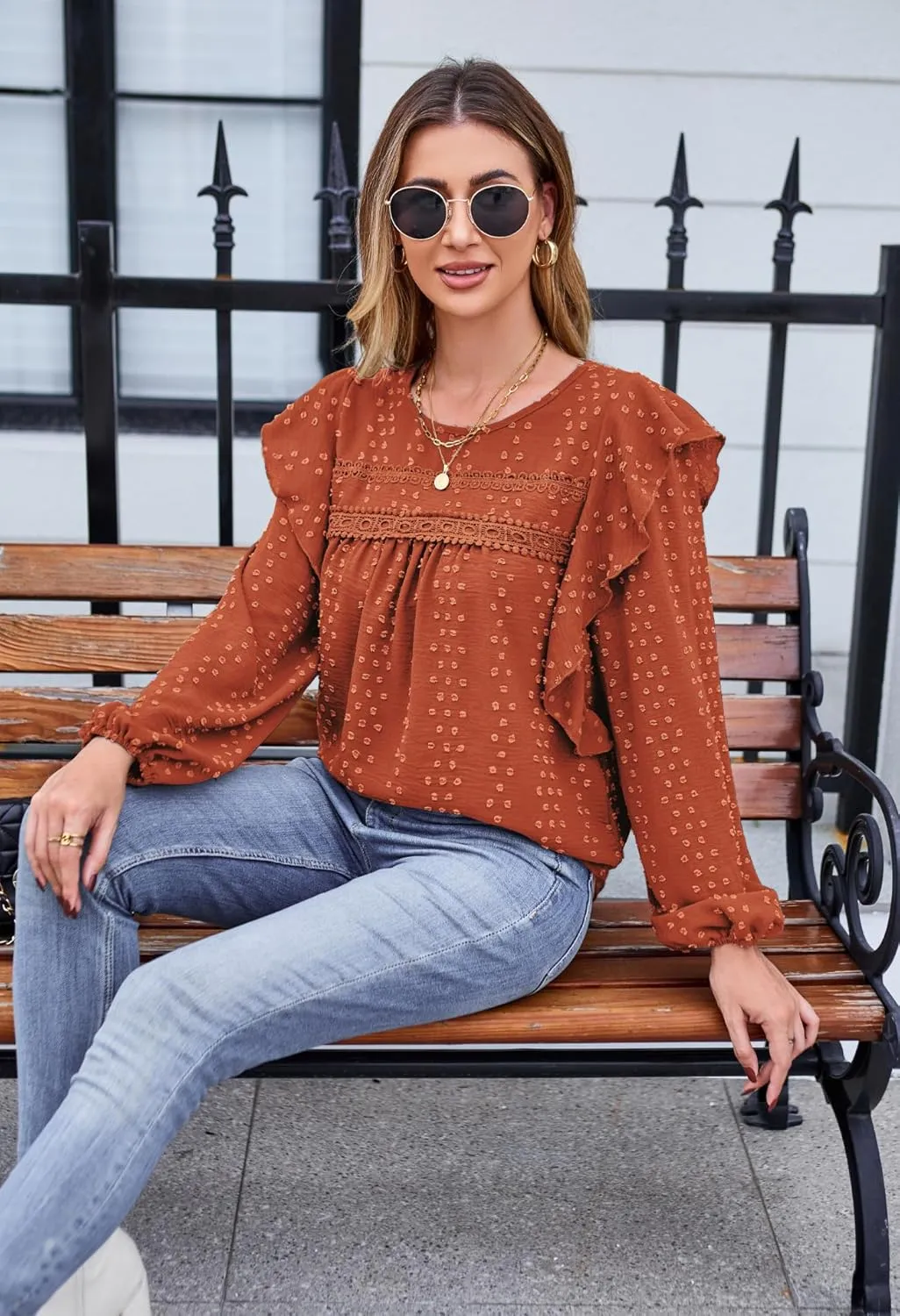 Women's Long Sleeve Blouse Loose Casual Crewneck Shirts Boho Floral Swiss Dot Ruffle Tops 2025 Spring Dressy Tunic