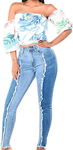 Women's Mid Rise Stretch Butt Lifting Skinny Jeans Frayed Raw Tassels Spliced Washed Long Denim Pants