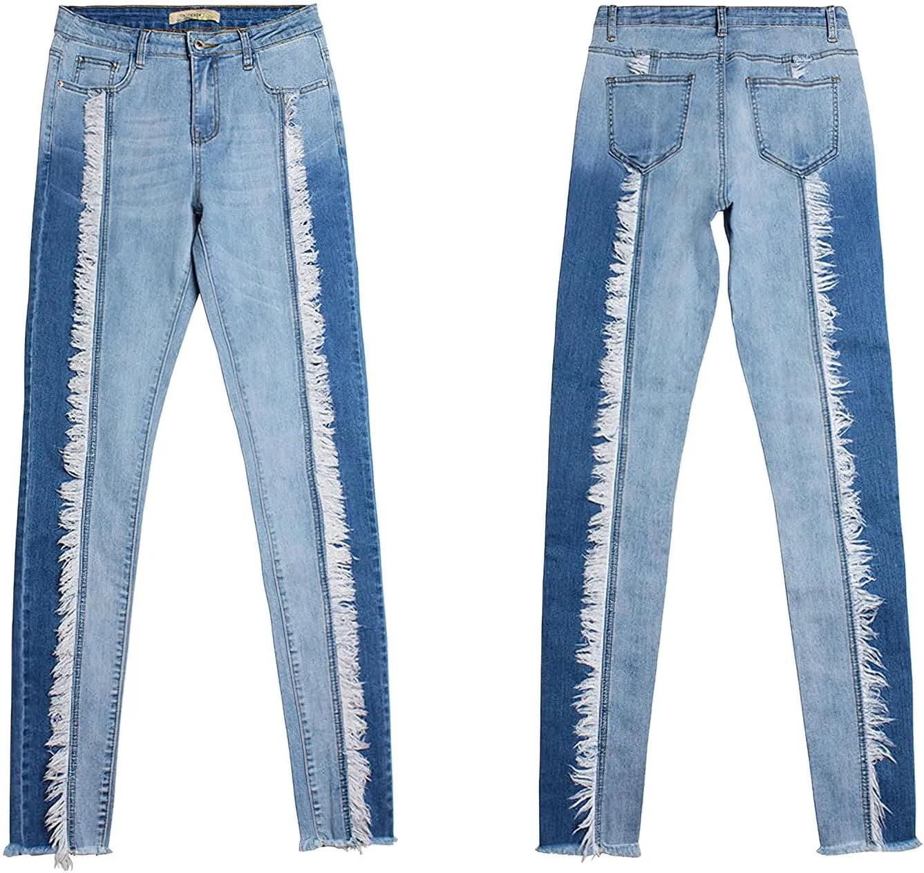 Women's Mid Rise Stretch Butt Lifting Skinny Jeans Frayed Raw Tassels Spliced Washed Long Denim Pants