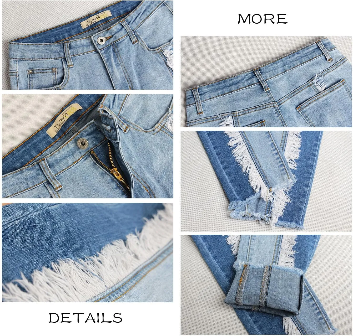 Women's Mid Rise Stretch Butt Lifting Skinny Jeans Frayed Raw Tassels Spliced Washed Long Denim Pants