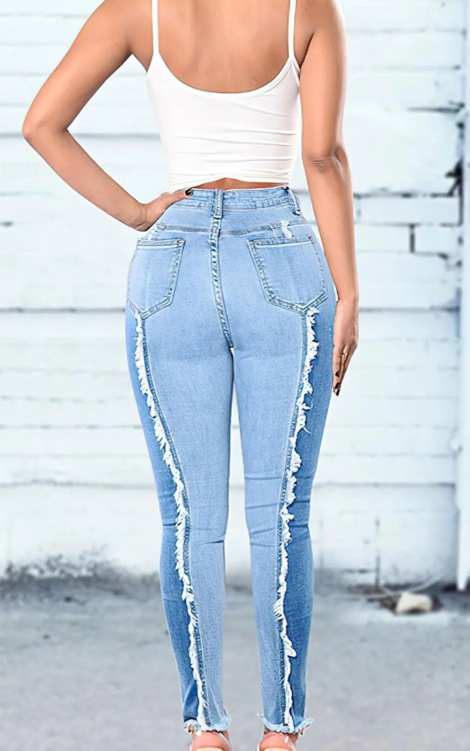 Women's Mid Rise Stretch Butt Lifting Skinny Jeans Frayed Raw Tassels Spliced Washed Long Denim Pants