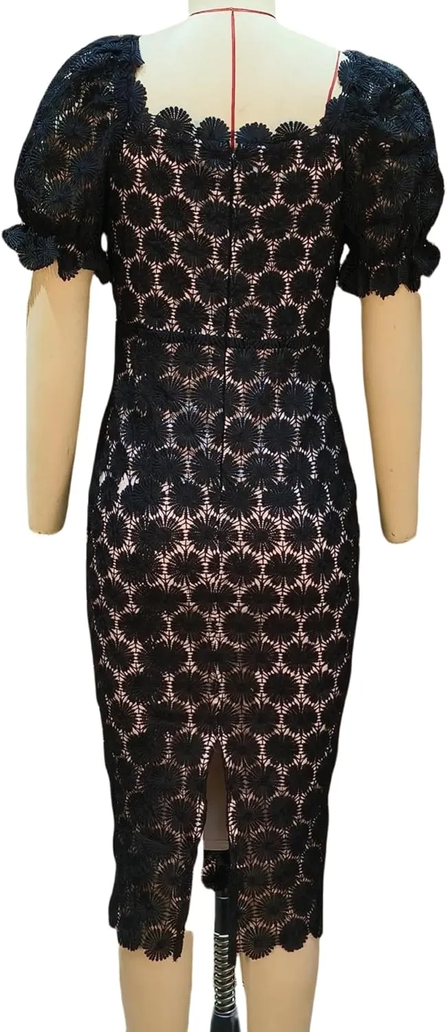 Women's Short Sleeve Lace Floral Elegant Cocktail Wedding Guest Dress Off The Shoulder Knee Length for Party
