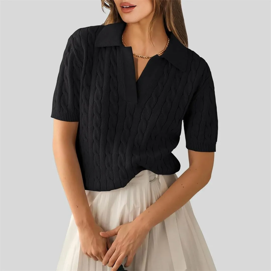 Womens Short Sleeve Sweaters Tops V Neck Knit Soft Pullover Shirts Solid Color Sweater