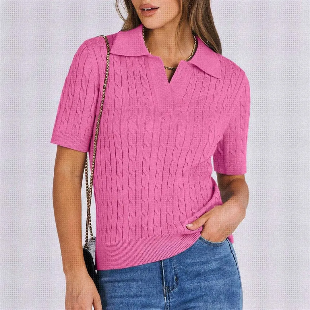 Womens Short Sleeve Sweaters Tops V Neck Knit Soft Pullover Shirts Solid Color Sweater