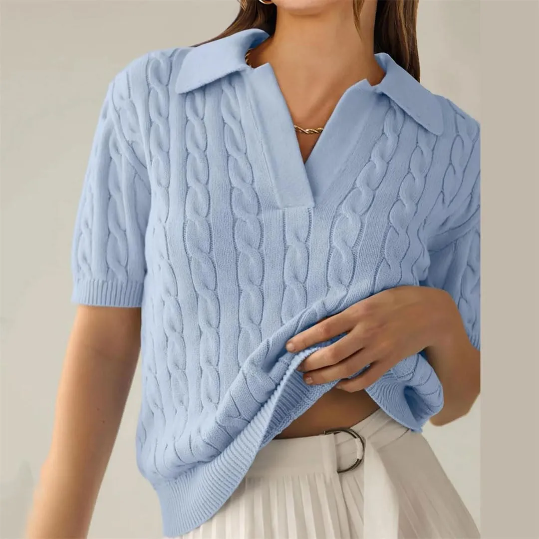 Womens Short Sleeve Sweaters Tops V Neck Knit Soft Pullover Shirts Solid Color Sweater