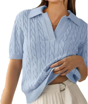 Womens Short Sleeve Sweaters Tops V Neck Knit Soft Pullover Shirts Solid Color Sweater