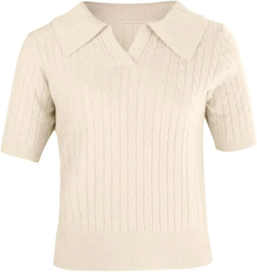 Womens Short Sleeve Sweaters Tops V Neck Knit Soft Pullover Shirts Solid Color Sweater
