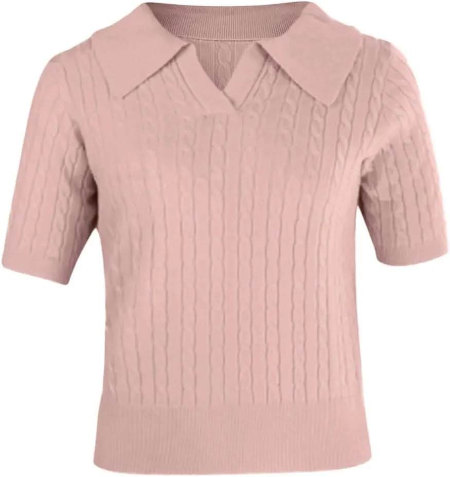 Womens Short Sleeve Sweaters Tops V Neck Knit Soft Pullover Shirts Solid Color Sweater