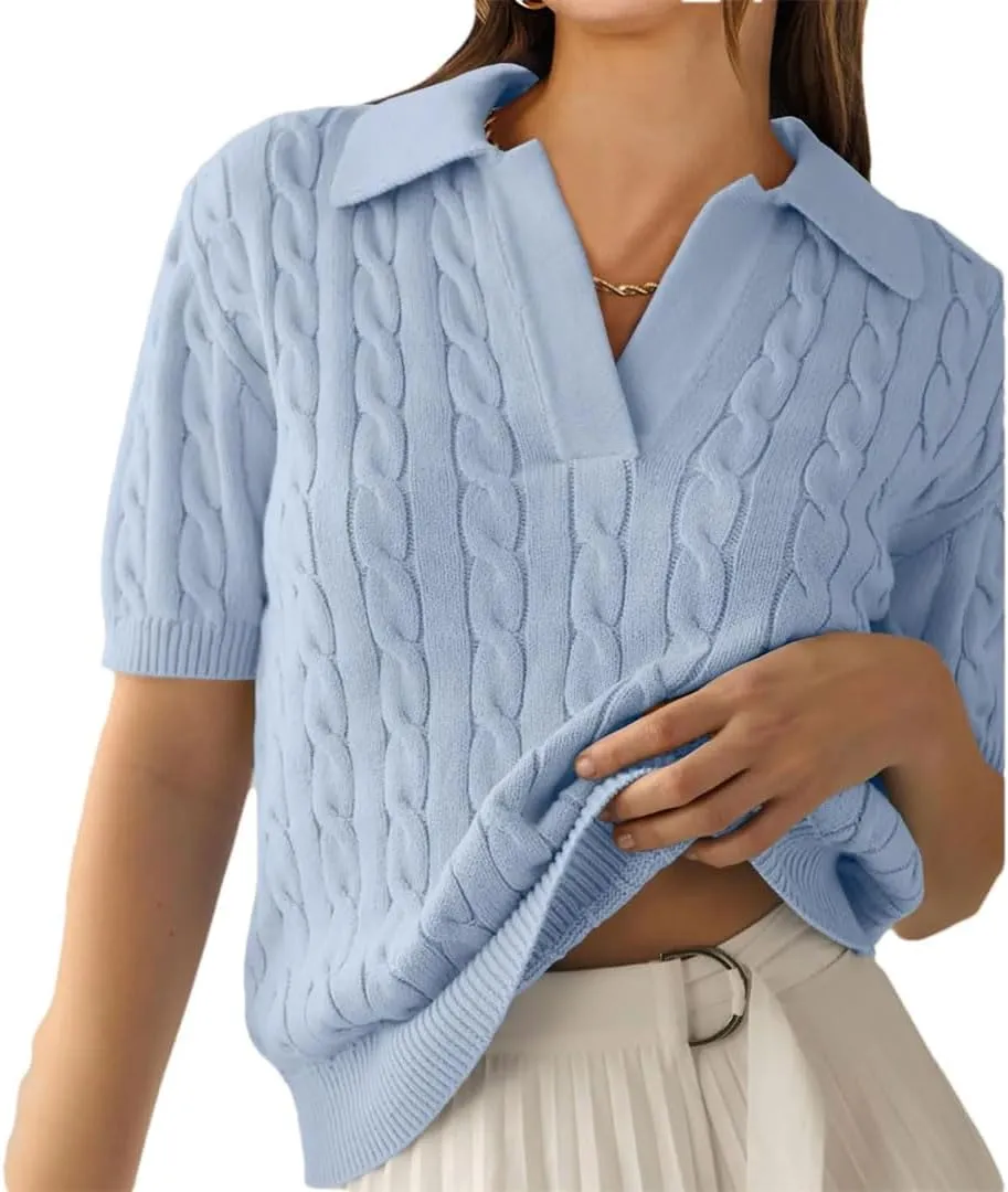 Womens Short Sleeve Sweaters Tops V Neck Knit Soft Pullover Shirts Solid Color Sweater
