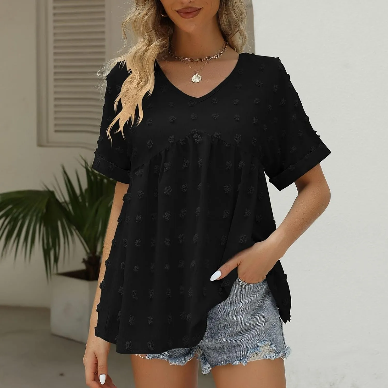 Women's Soft Blouse Deep V Neck Top Fashion Fall Slim Fit Shirt Chiffon Short Sleeve Cuffed Sleeve T Shirt