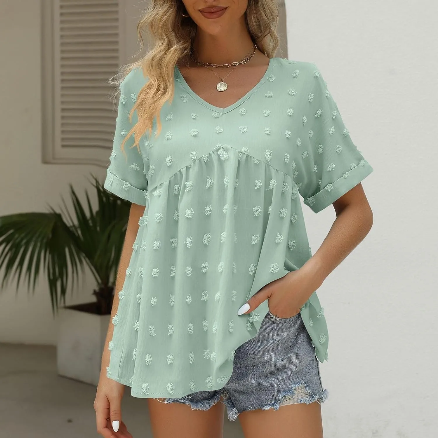 Women's Soft Blouse Deep V Neck Top Fashion Fall Slim Fit Shirt Chiffon Short Sleeve Cuffed Sleeve T Shirt