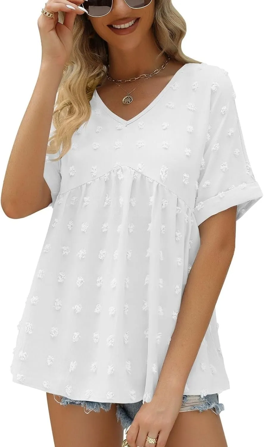 Women's Soft Blouse Deep V Neck Top Fashion Fall Slim Fit Shirt Chiffon Short Sleeve Cuffed Sleeve T Shirt