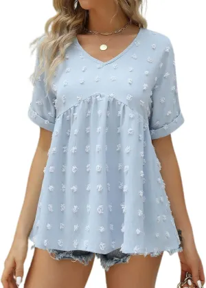 Women's Soft Blouse Deep V Neck Top Fashion Fall Slim Fit Shirt Chiffon Short Sleeve Cuffed Sleeve T Shirt