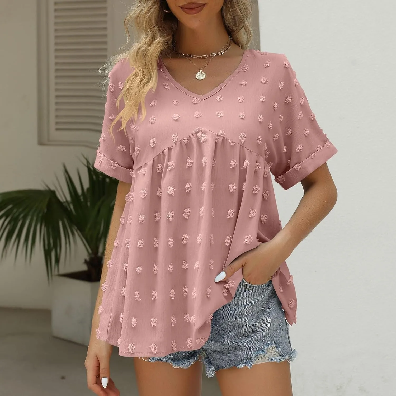 Women's Soft Blouse Deep V Neck Top Fashion Fall Slim Fit Shirt Chiffon Short Sleeve Cuffed Sleeve T Shirt