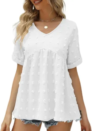 Women's Soft Blouse Deep V Neck Top Fashion Fall Slim Fit Shirt Chiffon Short Sleeve Cuffed Sleeve T Shirt