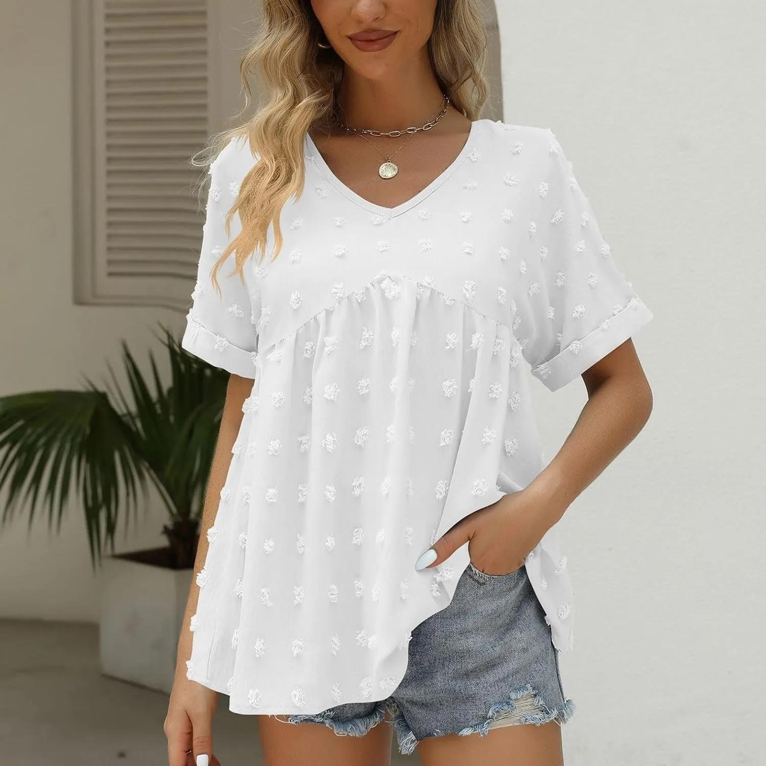 Women's Soft Blouse Deep V Neck Top Fashion Fall Slim Fit Shirt Chiffon Short Sleeve Cuffed Sleeve T Shirt