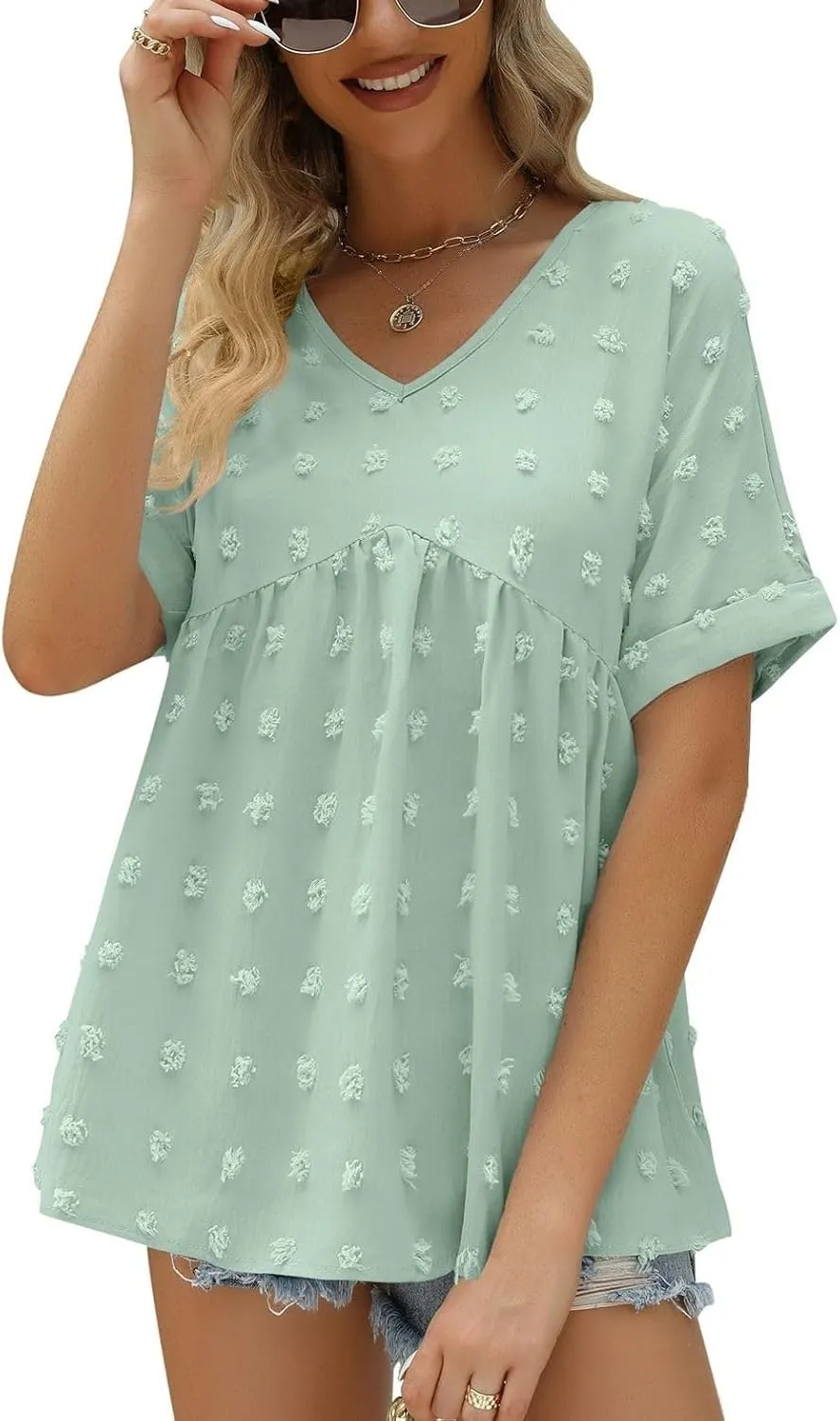 Women's Soft Blouse Deep V Neck Top Fashion Fall Slim Fit Shirt Chiffon Short Sleeve Cuffed Sleeve T Shirt