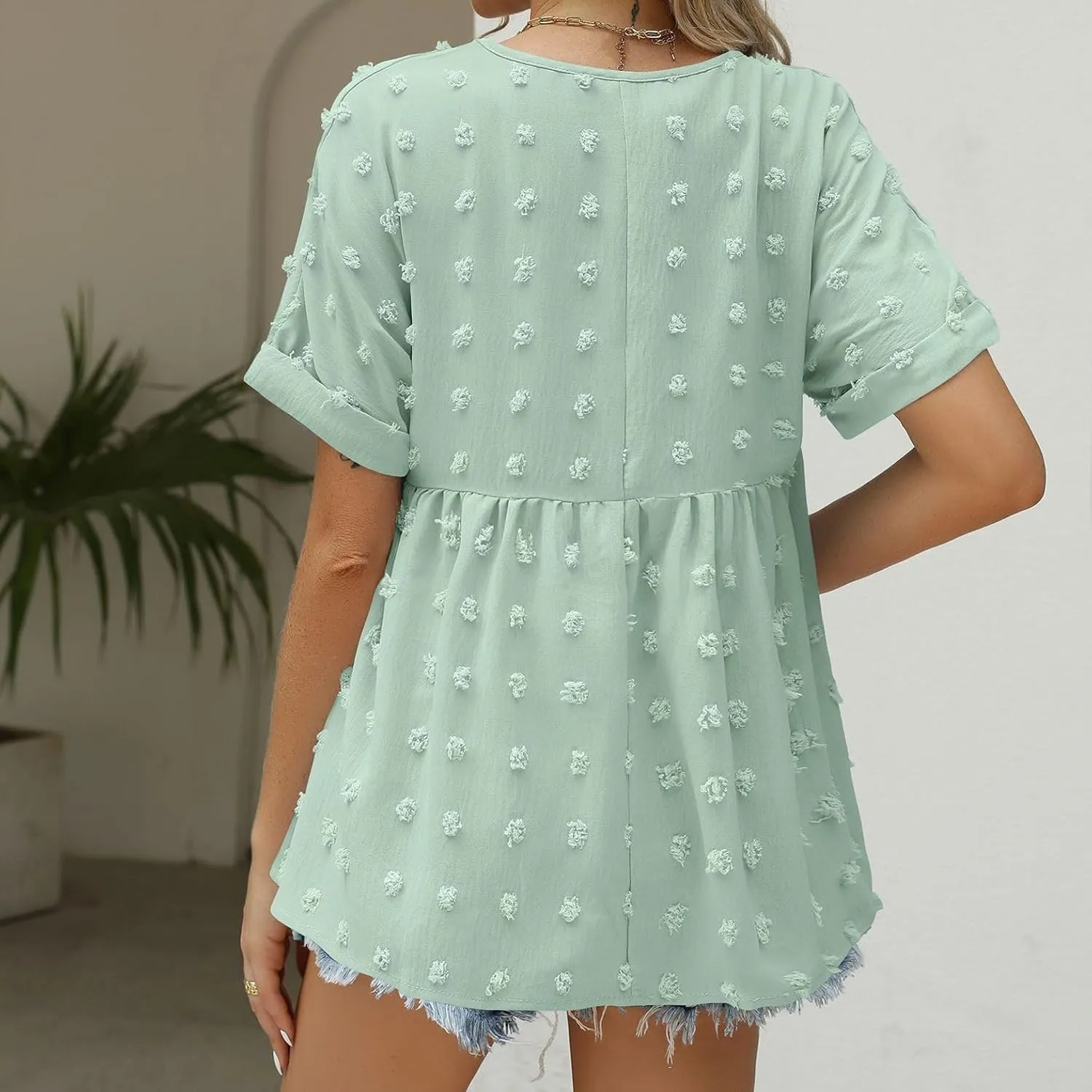 Women's Soft Blouse Deep V Neck Top Fashion Fall Slim Fit Shirt Chiffon Short Sleeve Cuffed Sleeve T Shirt