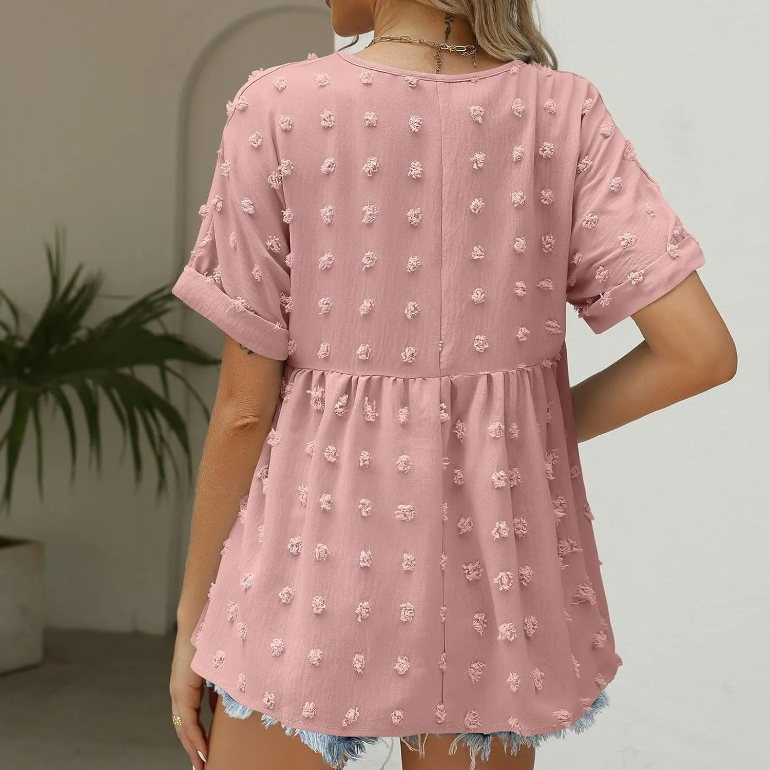 Women's Soft Blouse Deep V Neck Top Fashion Fall Slim Fit Shirt Chiffon Short Sleeve Cuffed Sleeve T Shirt