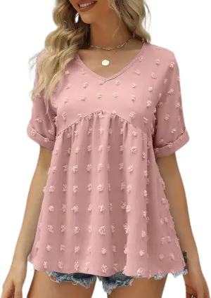 Women's Soft Blouse Deep V Neck Top Fashion Fall Slim Fit Shirt Chiffon Short Sleeve Cuffed Sleeve T Shirt