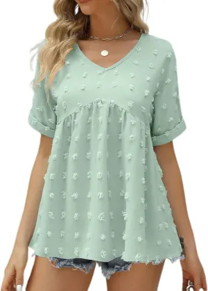 Women's Soft Blouse Deep V Neck Top Fashion Fall Slim Fit Shirt Chiffon Short Sleeve Cuffed Sleeve T Shirt