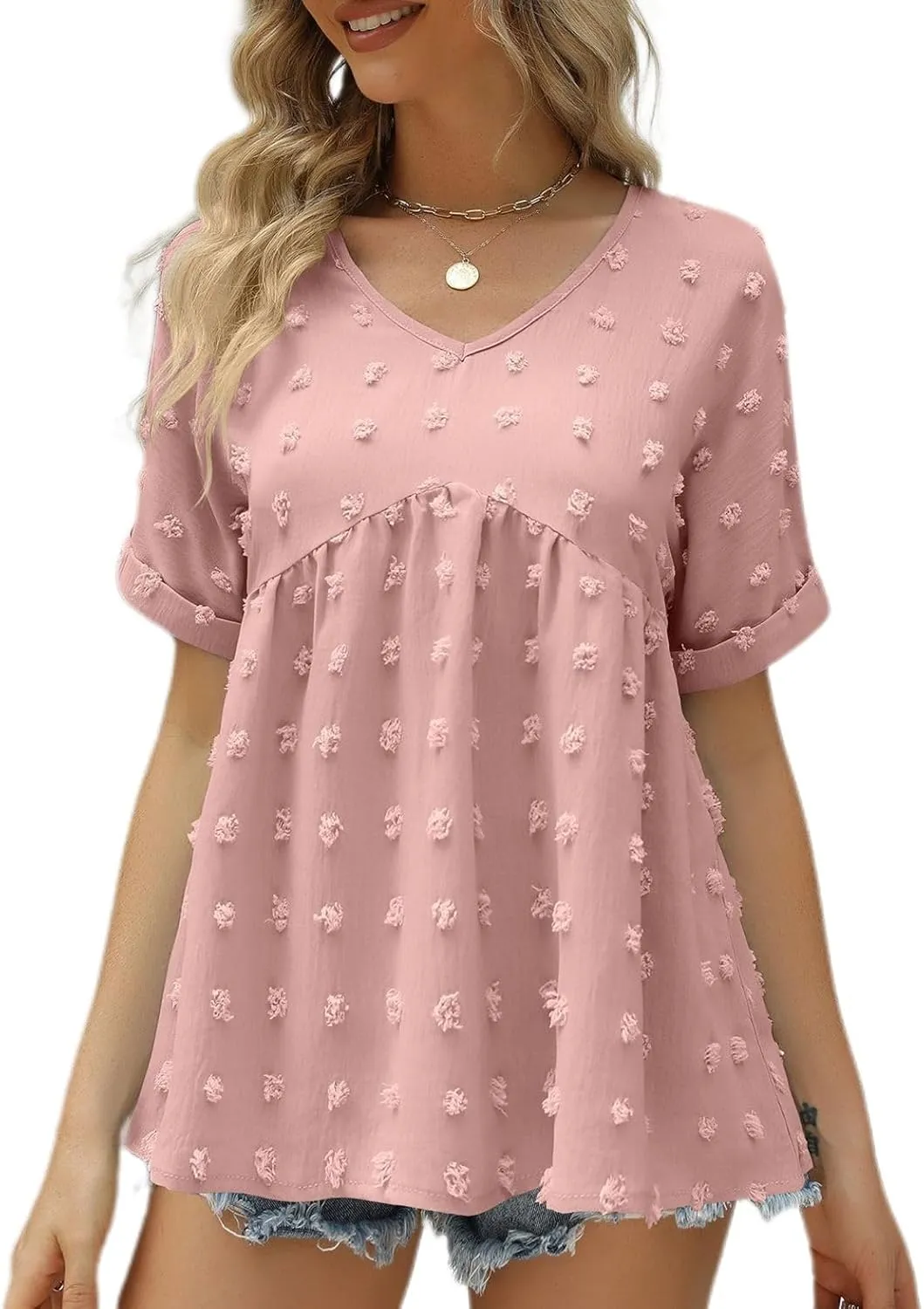 Women's Soft Blouse Deep V Neck Top Fashion Fall Slim Fit Shirt Chiffon Short Sleeve Cuffed Sleeve T Shirt