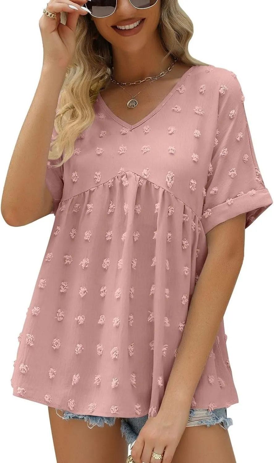 Women's Soft Blouse Deep V Neck Top Fashion Fall Slim Fit Shirt Chiffon Short Sleeve Cuffed Sleeve T Shirt