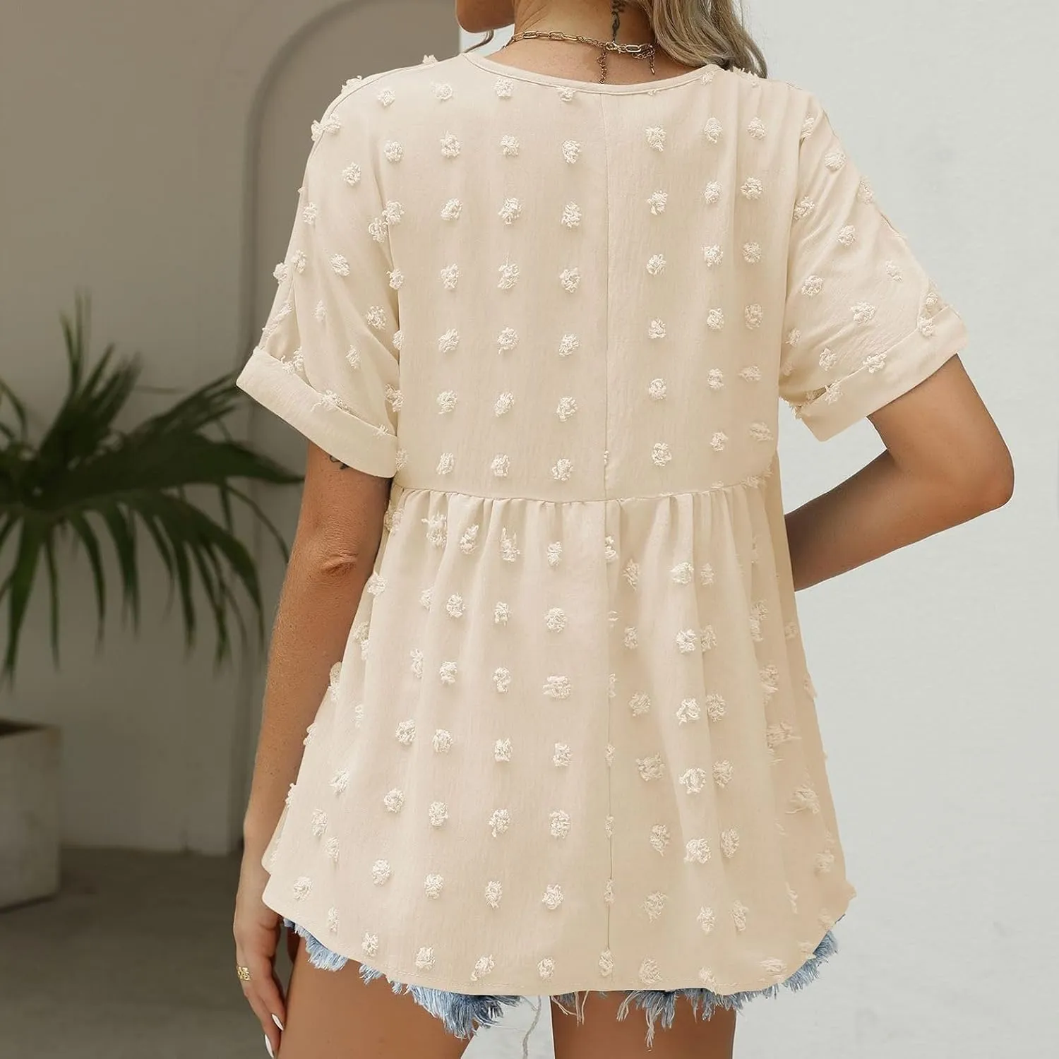 Women's Soft Blouse Deep V Neck Top Fashion Fall Slim Fit Shirt Chiffon Short Sleeve Cuffed Sleeve T Shirt
