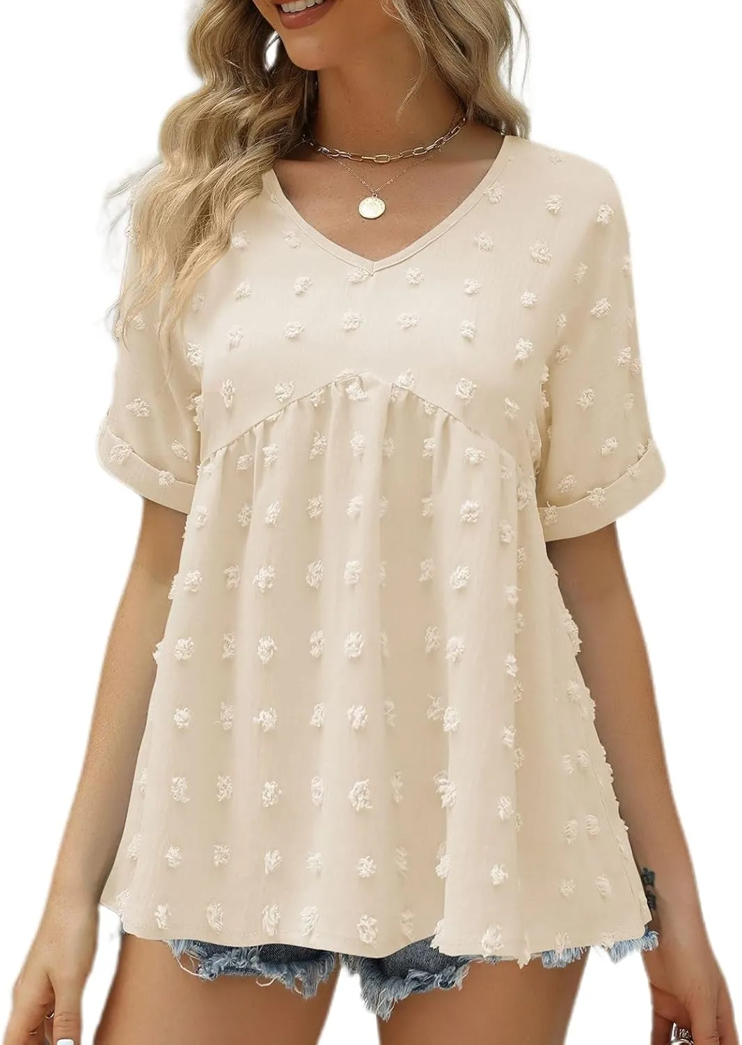 Women's Soft Blouse Deep V Neck Top Fashion Fall Slim Fit Shirt Chiffon Short Sleeve Cuffed Sleeve T Shirt