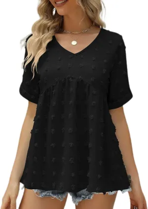 Women's Soft Blouse Deep V Neck Top Fashion Fall Slim Fit Shirt Chiffon Short Sleeve Cuffed Sleeve T Shirt