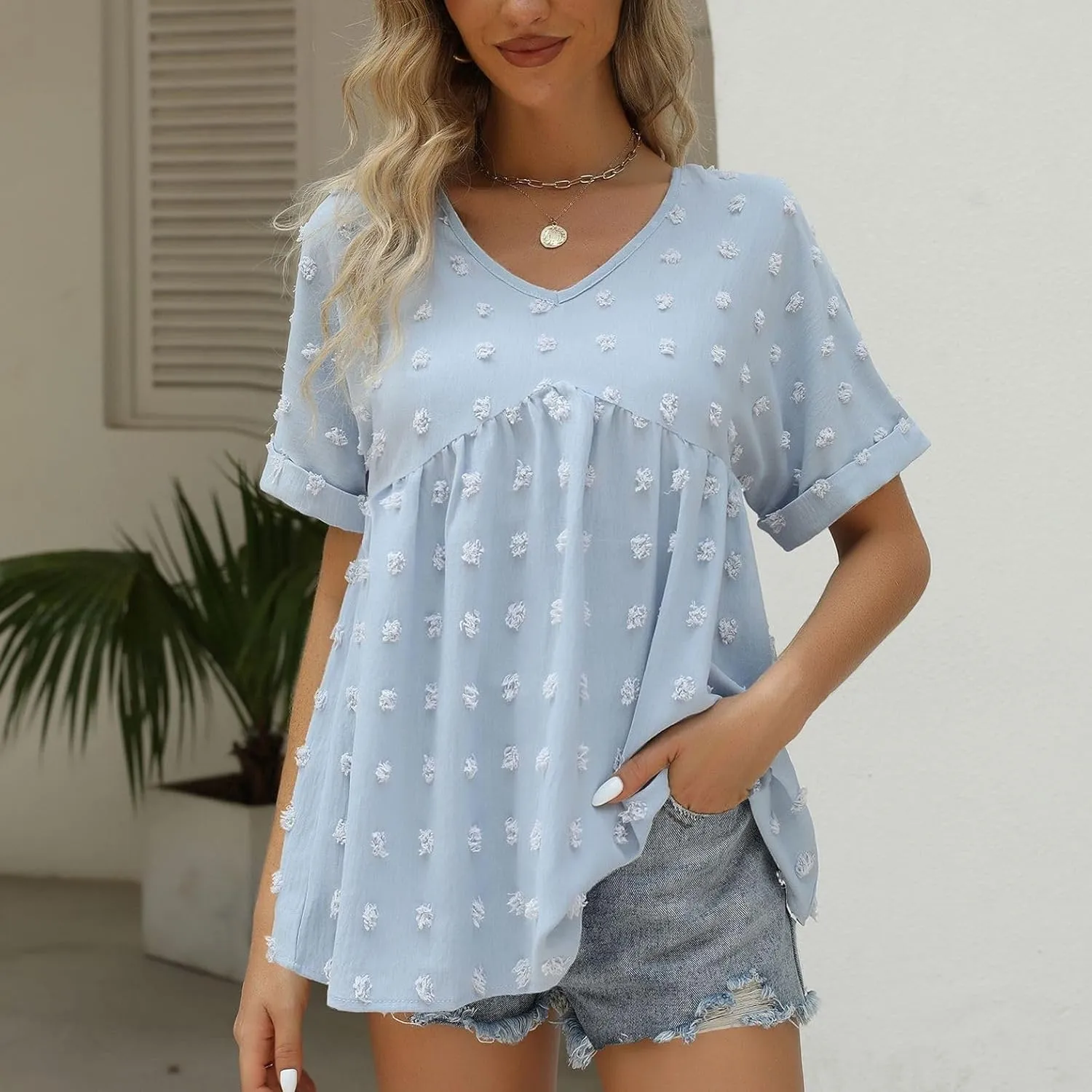 Women's Soft Blouse Deep V Neck Top Fashion Fall Slim Fit Shirt Chiffon Short Sleeve Cuffed Sleeve T Shirt