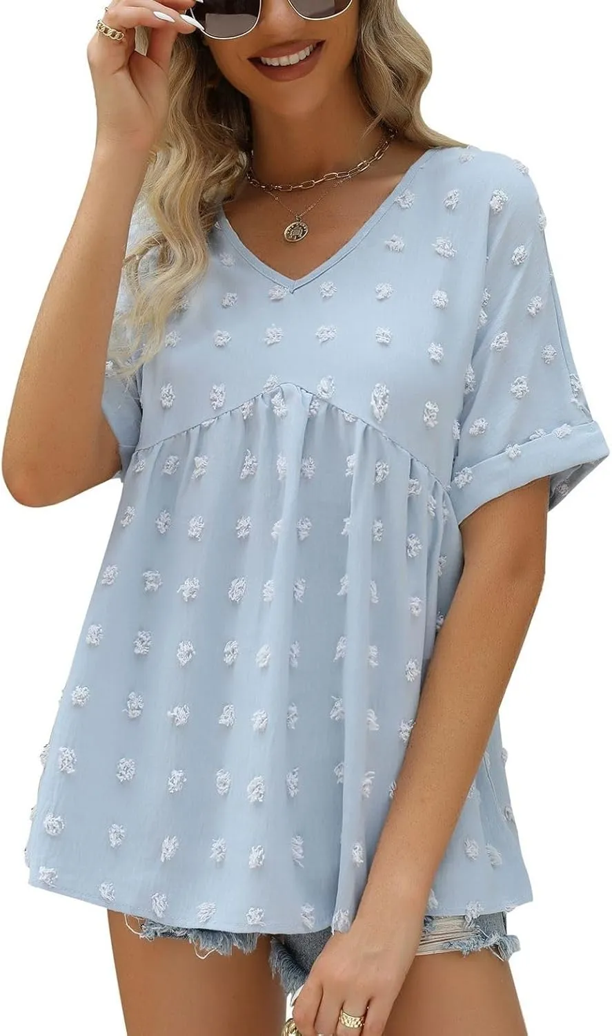Women's Soft Blouse Deep V Neck Top Fashion Fall Slim Fit Shirt Chiffon Short Sleeve Cuffed Sleeve T Shirt