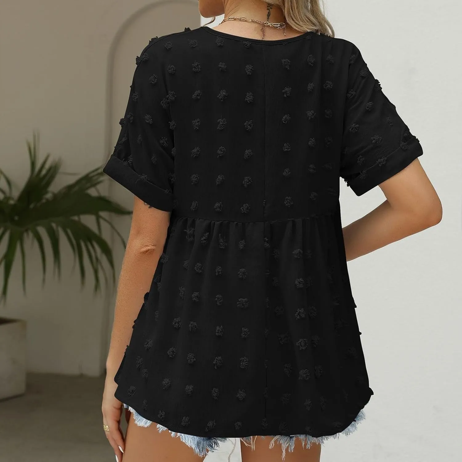 Women's Soft Blouse Deep V Neck Top Fashion Fall Slim Fit Shirt Chiffon Short Sleeve Cuffed Sleeve T Shirt
