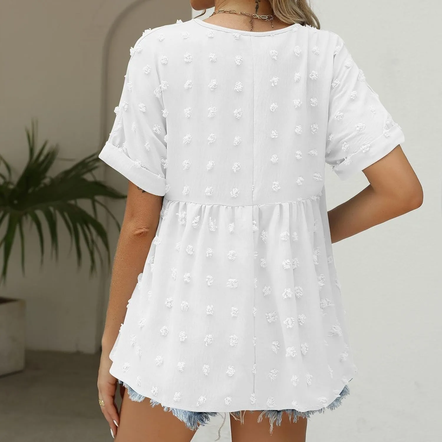 Women's Soft Blouse Deep V Neck Top Fashion Fall Slim Fit Shirt Chiffon Short Sleeve Cuffed Sleeve T Shirt