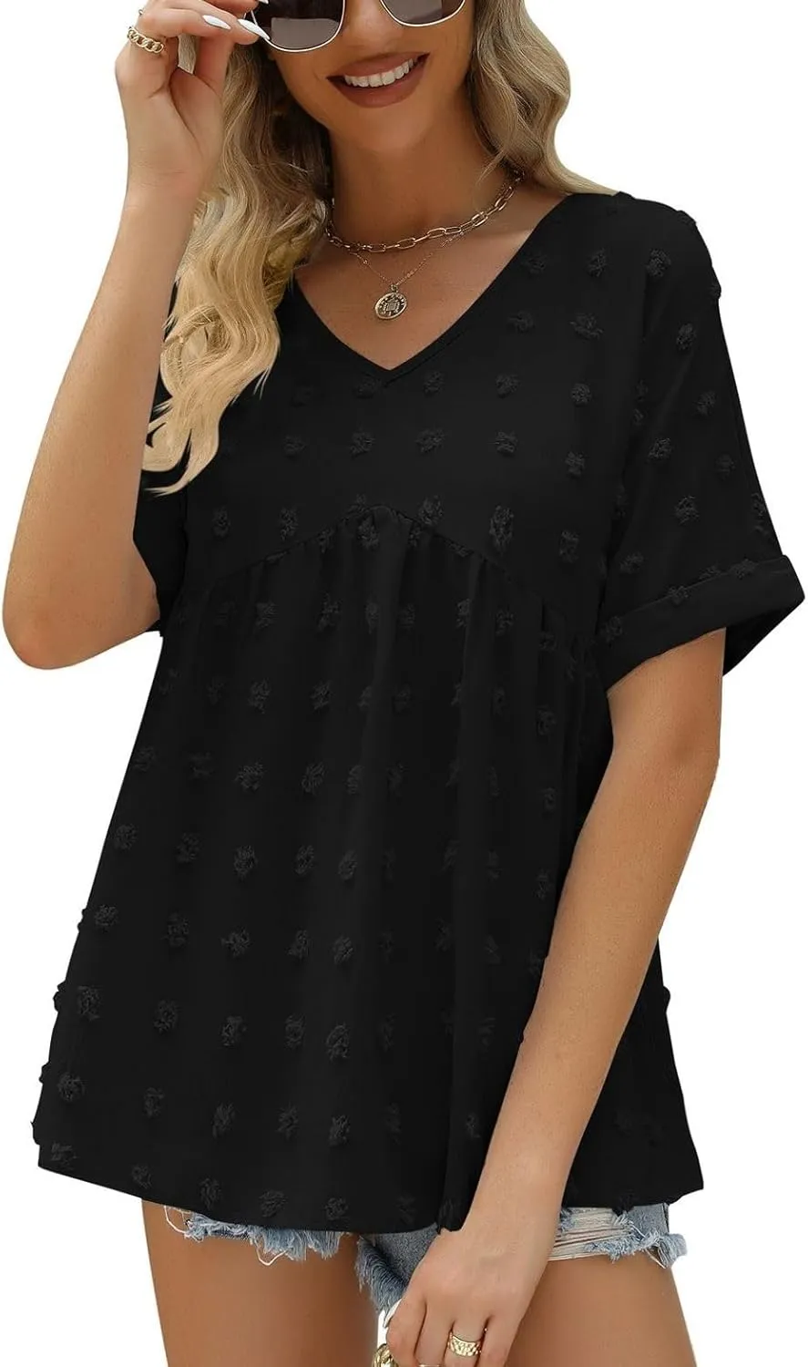Women's Soft Blouse Deep V Neck Top Fashion Fall Slim Fit Shirt Chiffon Short Sleeve Cuffed Sleeve T Shirt