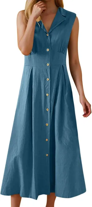 Womens Summer Dresses 2025 Maxi Linen Dresses Casual Lightweight Sleeveless Button Down V Neck Summer Beach Dresses