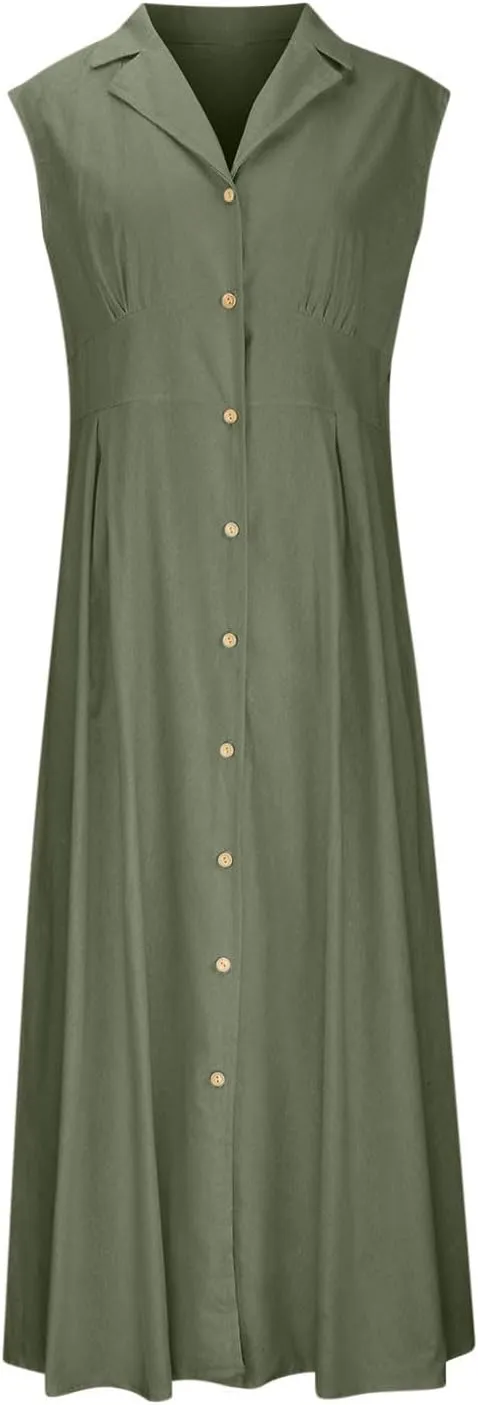 Womens Summer Dresses 2025 Maxi Linen Dresses Casual Lightweight Sleeveless Button Down V Neck Summer Beach Dresses